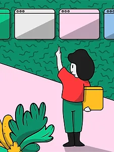 Illustration d'une femme qui pointe du doigt différentes fenêtres d'une application.
