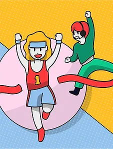 Illustration d'une femme victorieuse dans une course, accompagnée d'une commentatrice qui exprime sa joie et son enthousiasme.