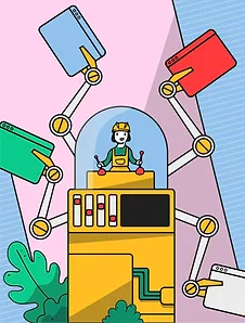 Illustration d'un homme aux commandes d'une machine contrôlant une application.